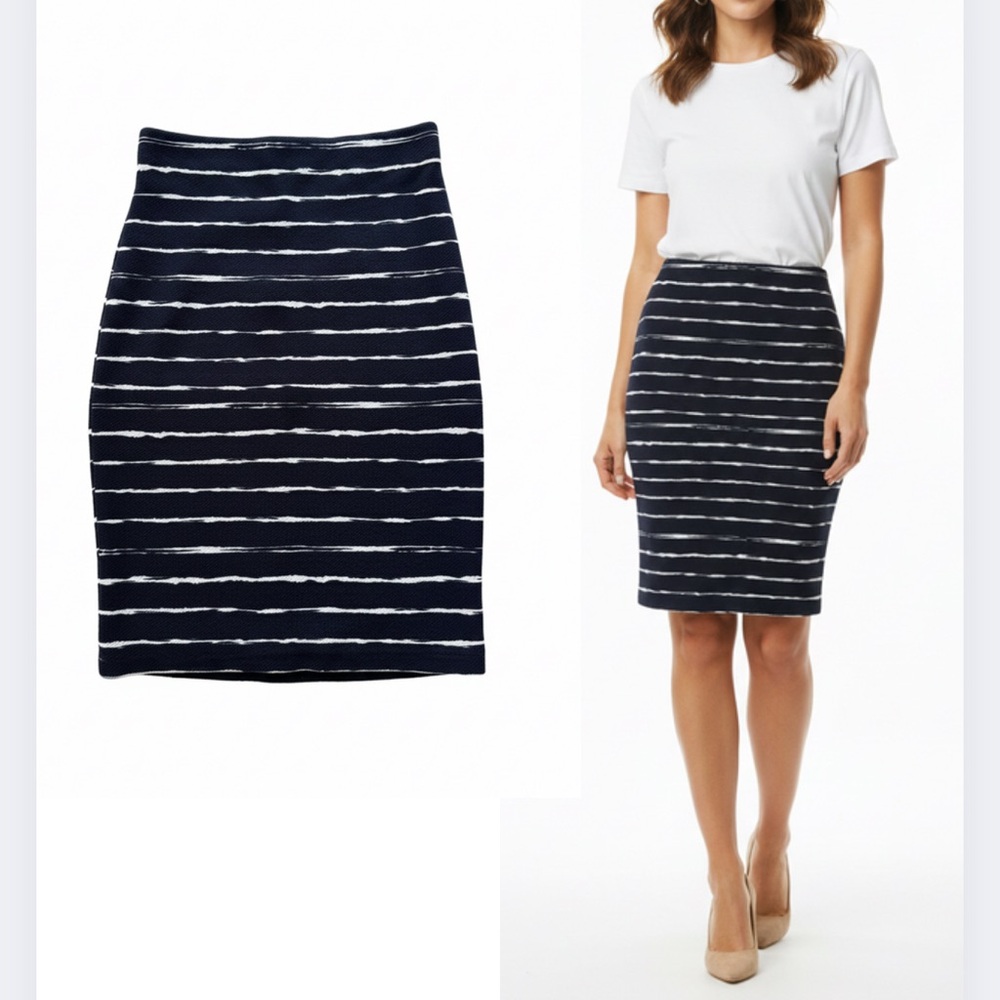 Striped Pencil Skirt Made in USA Navy White Textured Size M Wardrobe Staple Y2K